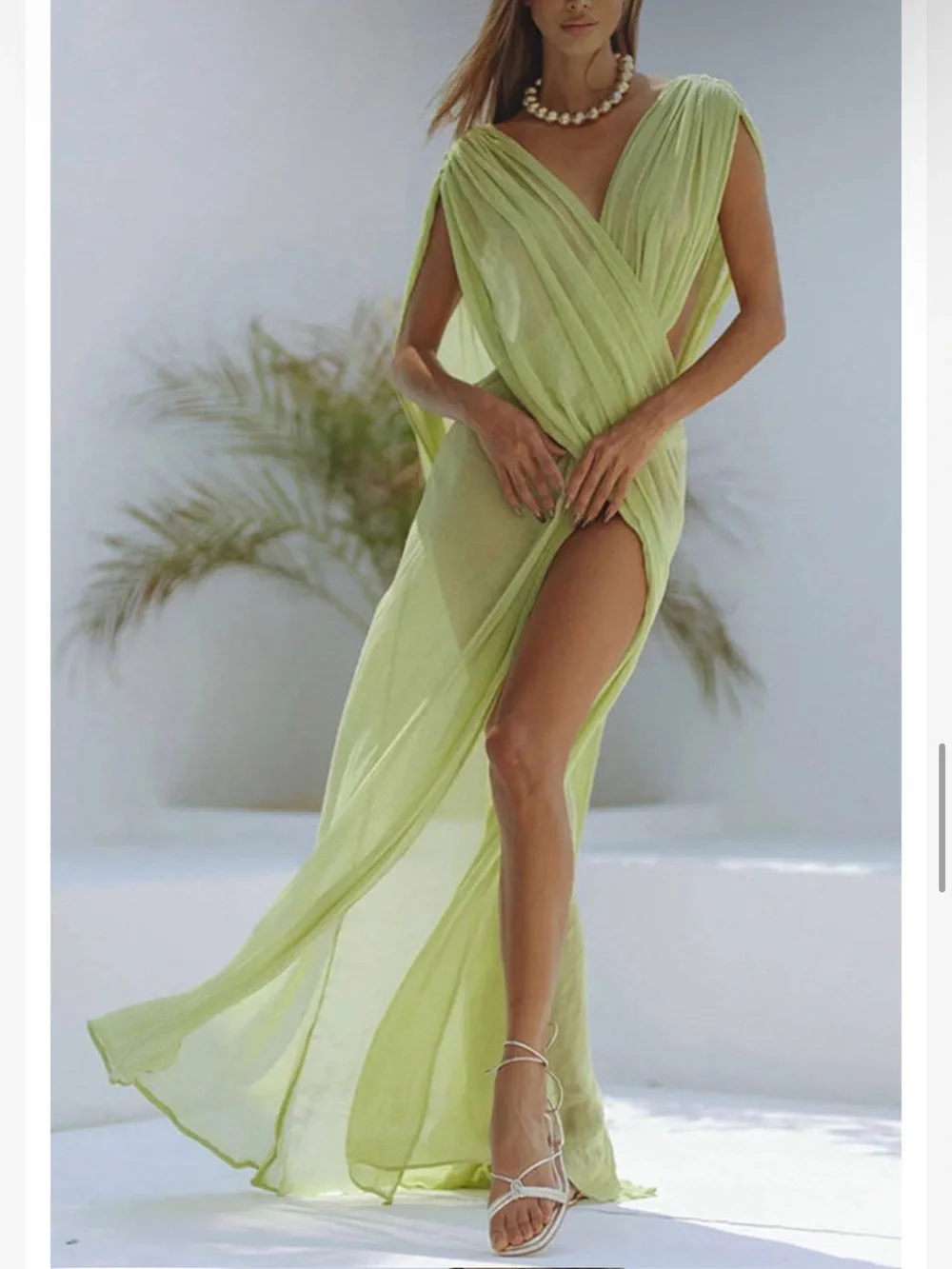 A Classy Chic Boutique Sheer Lime Green Draped Maxi Cover-Up